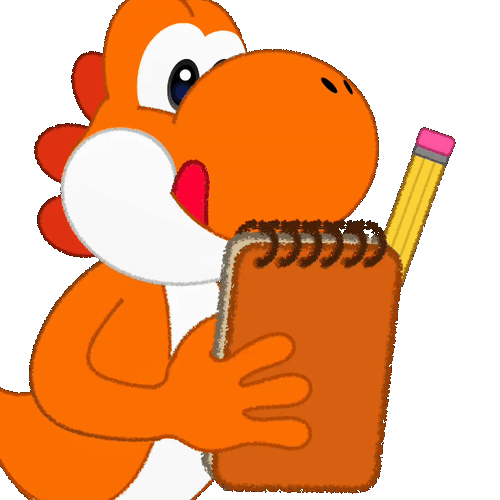 Another orange Yoshi, this one busily scribbling away on a notepad. Wonder what he's jotting down...