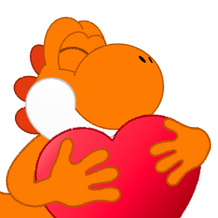 An orange Yoshi holding a red heart.